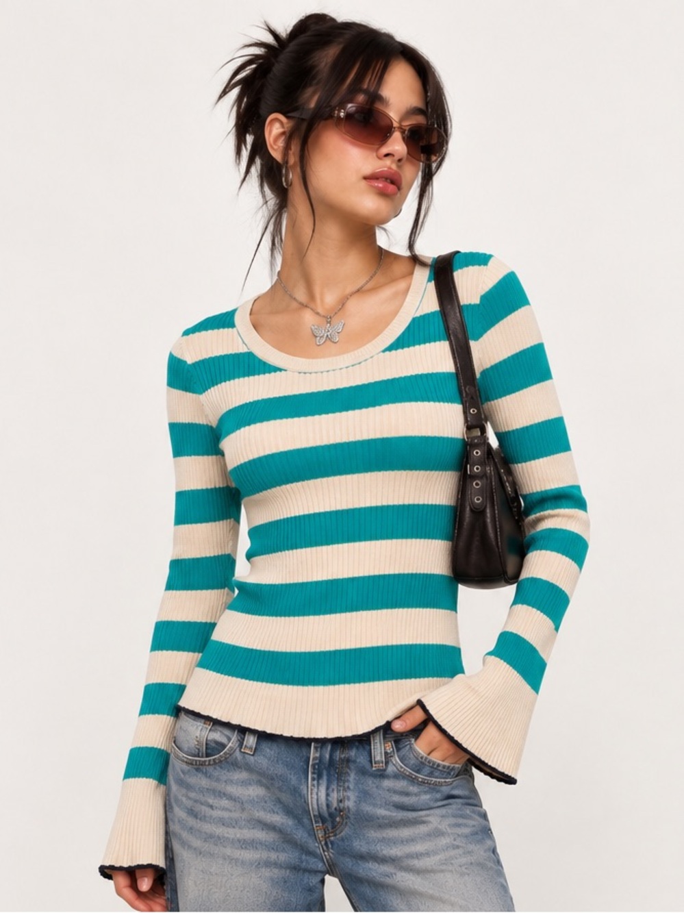 Pink Rose Y2K Teal Cream Striped Ribbed Bell Sleeve Top